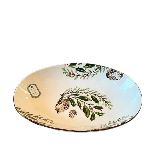 Papart Handpainted Turkish Serving Bowl 14x9 Ceramic Holiday Pinecone Holly NEW - Picture 15 of 15